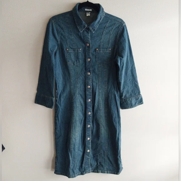 Old Navy Western Denim Snap Button Front 3/4 Sleeve Midi Dress